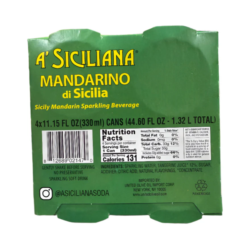 A' Siciliana Sicilian Mandarin Sparkling Beverage, Mandarino di Sicilia, 4 x 330ML Can - Image 2