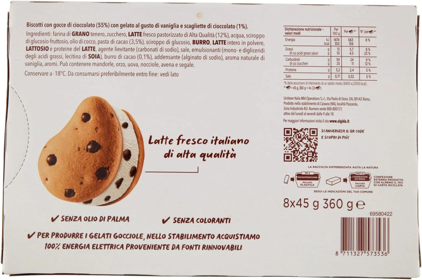 Algida Gocciole Sandwich, Vanilla Ice Cream with Chocolate Chips between Two Chocolate Chip Biscuits, Fresh Italian Milk, Palm Oil and Colorant Free, 4 x 154 ml (Frozen) - Image 2