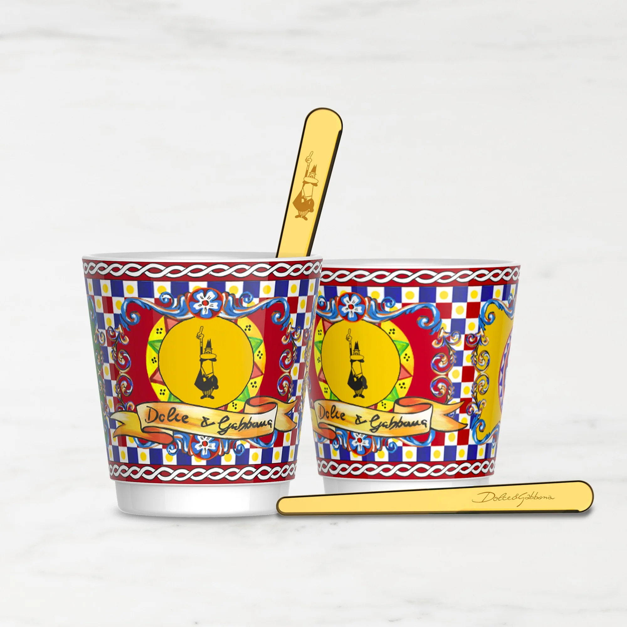 Bialetti Dolce & Gabbana Espresso Cups with Gold Stirrers, Set of 2, Carretto