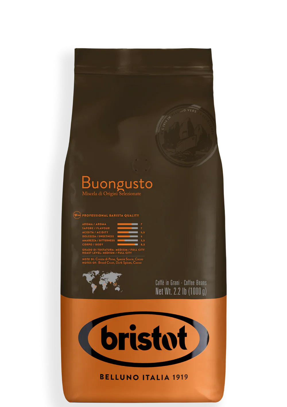 Caffe Bristot Buongusto, Medium Roast, Coffee Beans, 2.2 lb | 1000g