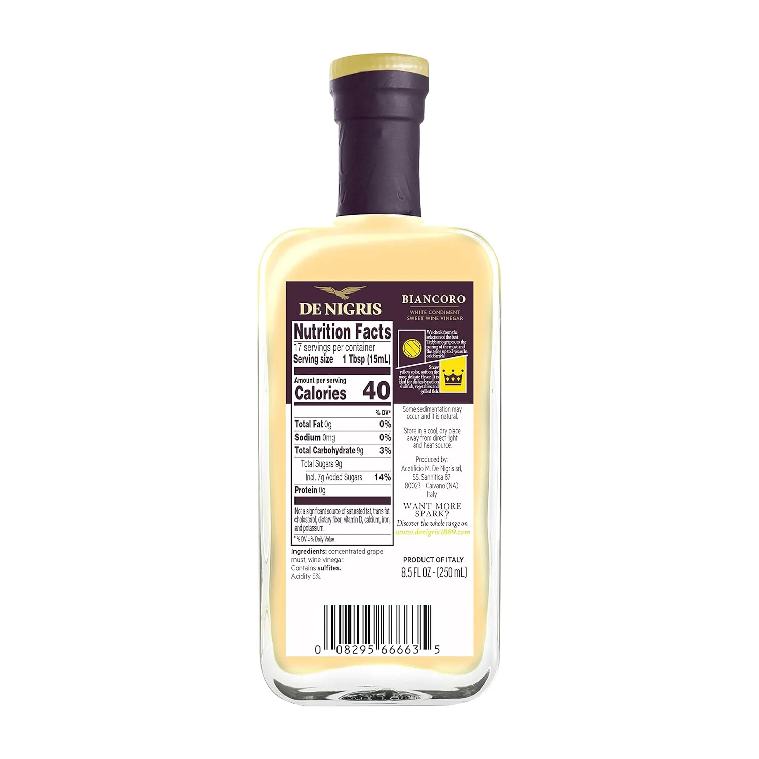 De Nigris Biancoro Sweet WIne Vinegar, 8.5 FL OZ | 250 mL - Image 2