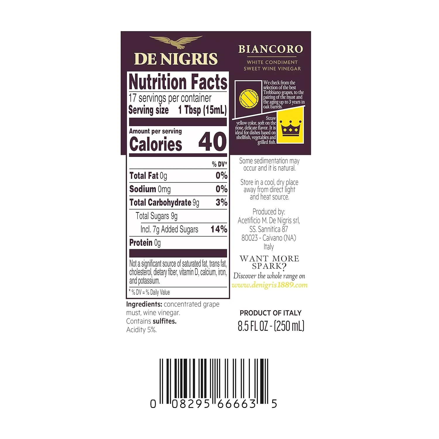De Nigris Biancoro Sweet WIne Vinegar, 8.5 FL OZ | 250 mL - Image 3