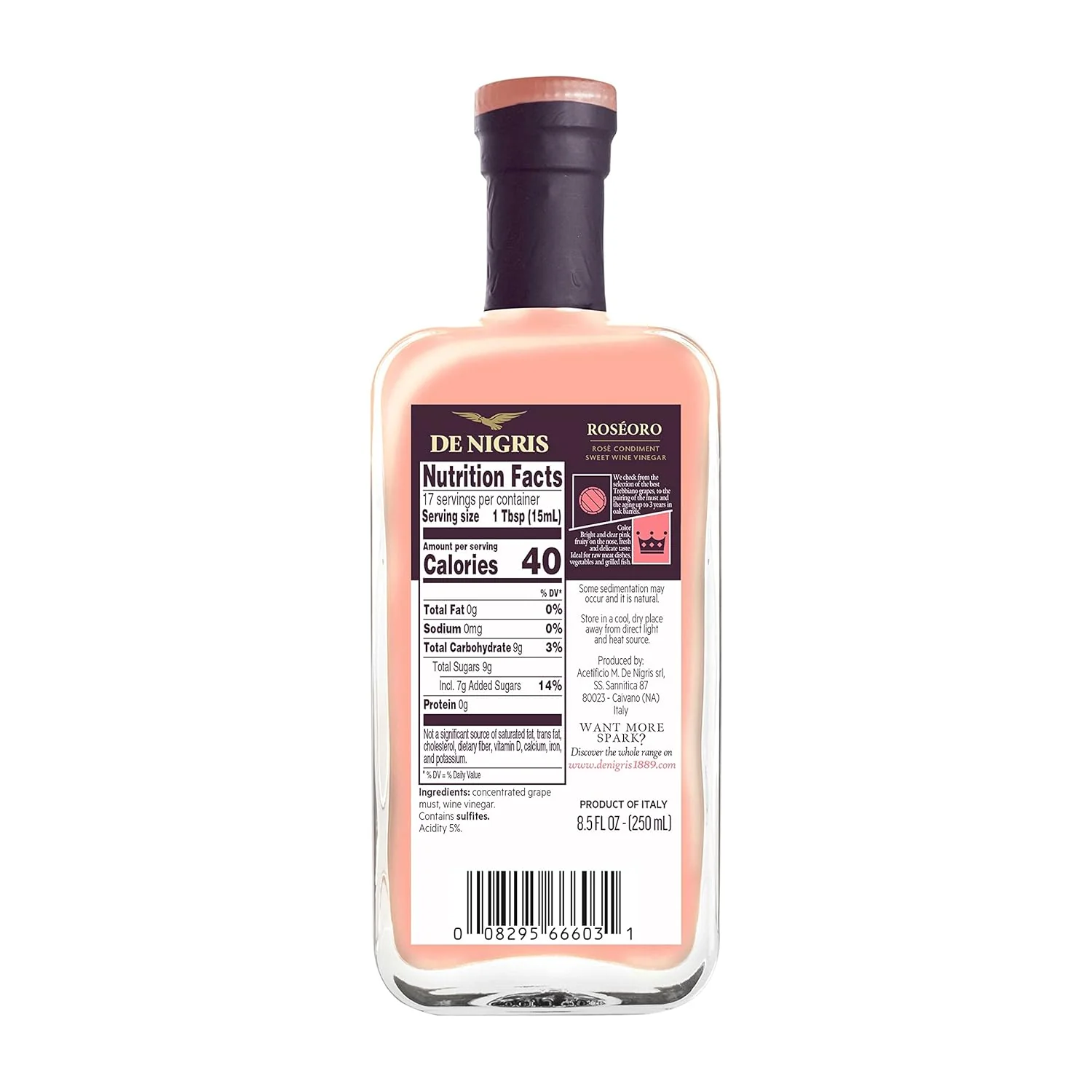 De Nigris Roseoro Sweet Wine Vinegar, 8.5 FL OZ | 250 mL - Image 2