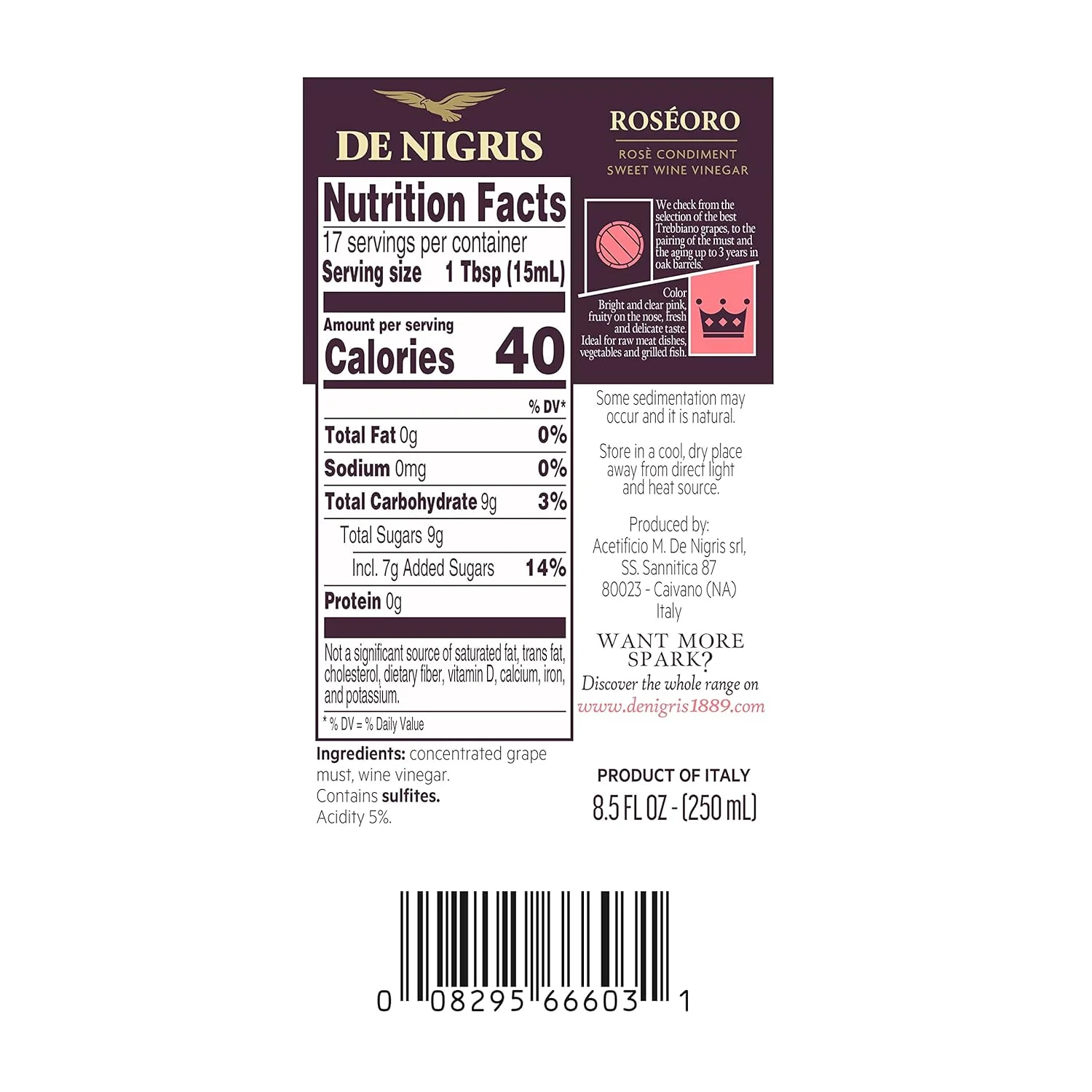 De Nigris Roseoro Sweet Wine Vinegar, 8.5 FL OZ | 250 mL - Image 3