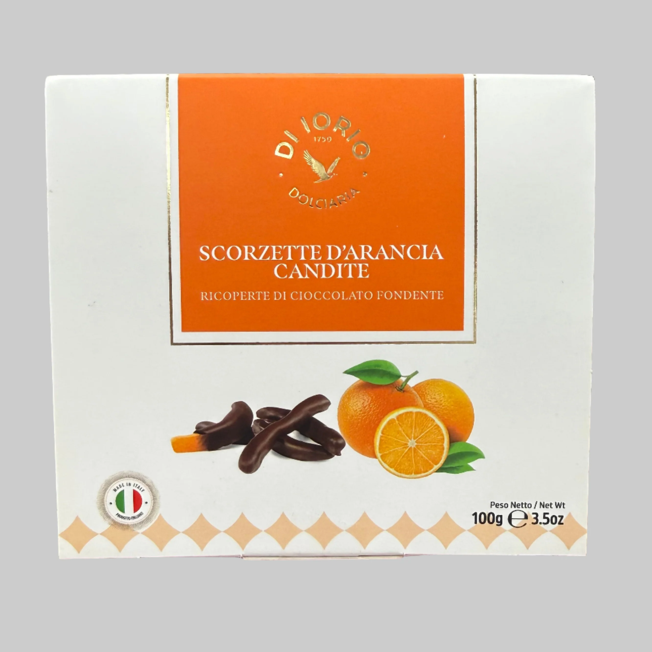 Di Iorio Candied Orange Zest w/ Dark Chocolate, 3.53 oz | 100g