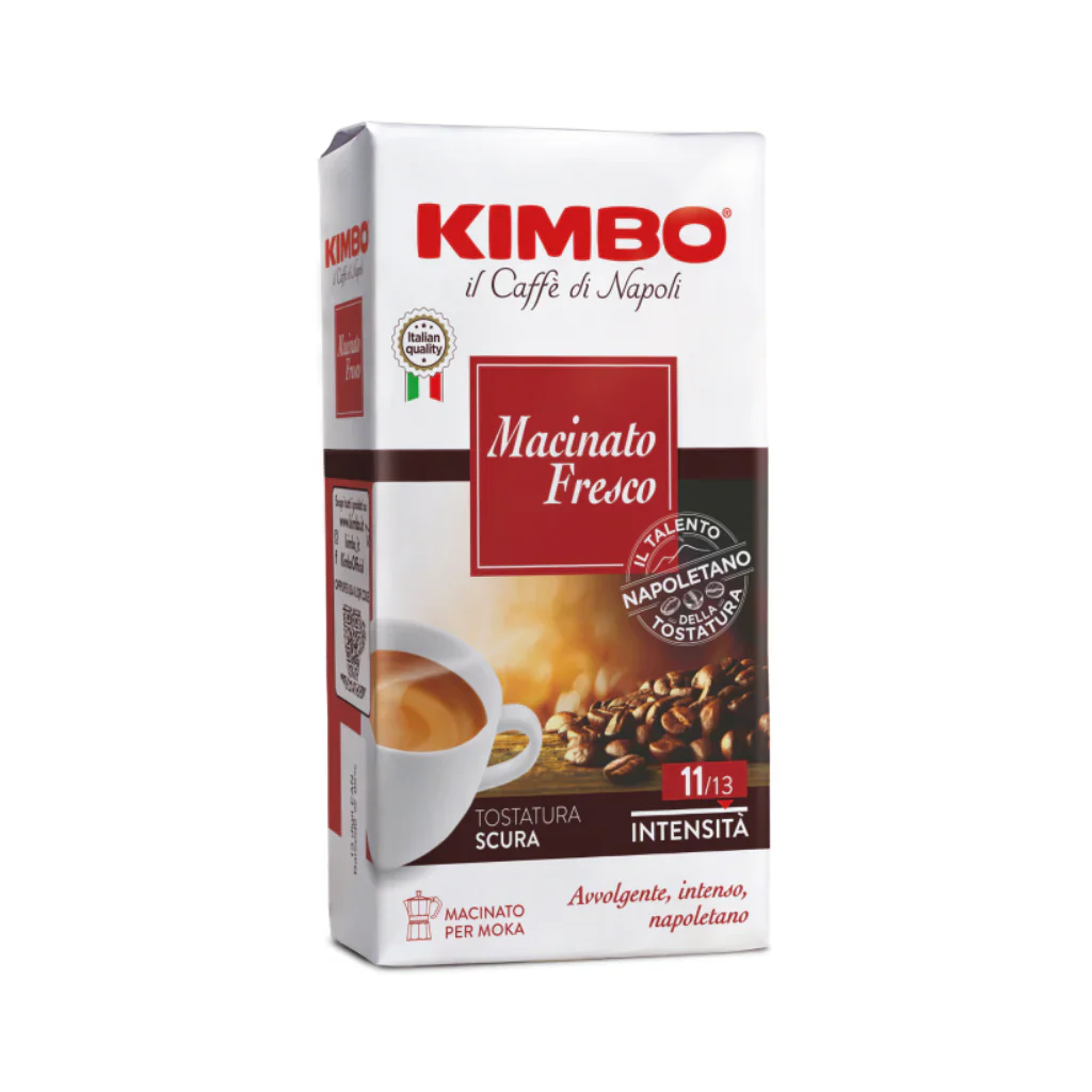 Kimbo Macinato Fresco Ground Coffee, Dark Roast 11/13 Intensity, Tostatura Scura