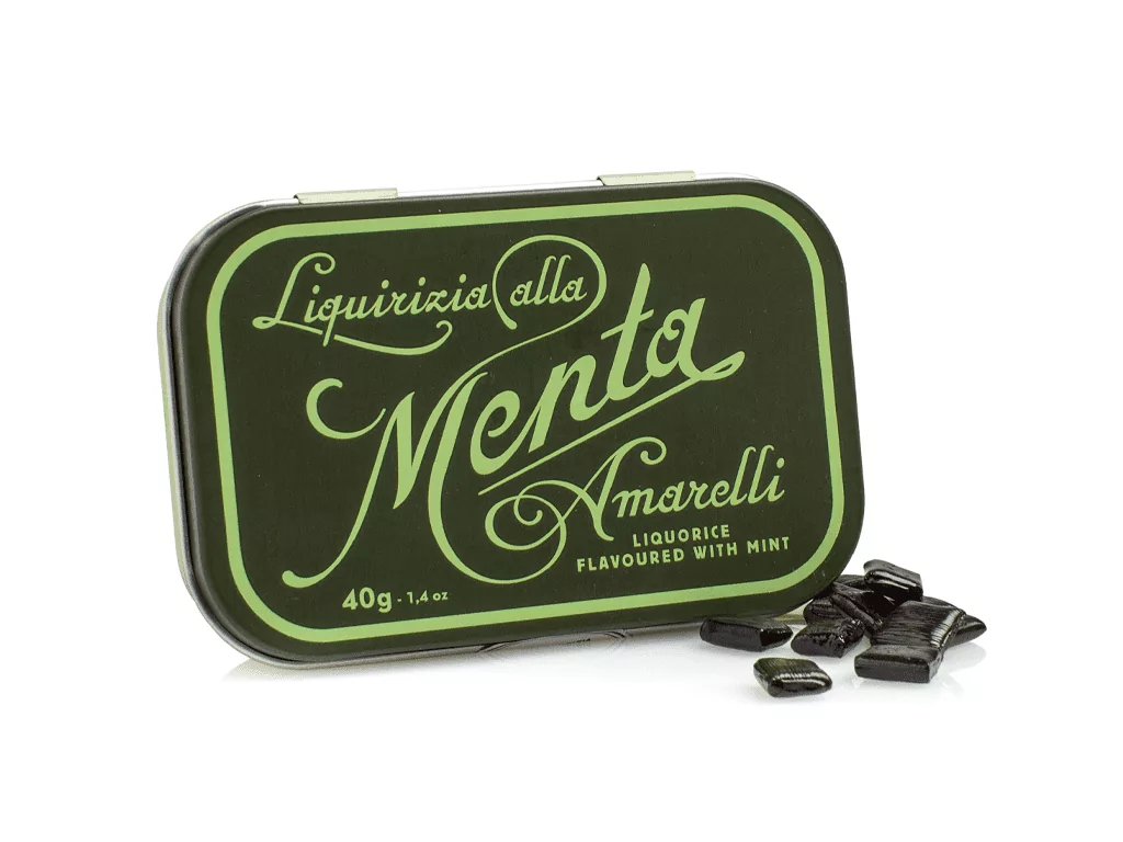 Amarelli Favette Green Tin – Solid Liquorice Flavoured with Mint, 40g