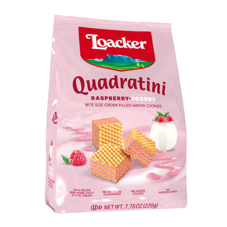 Loacker Quadratini Bite Size Wafers, Raspberry-Yogurt, 7.76 oz | 220g