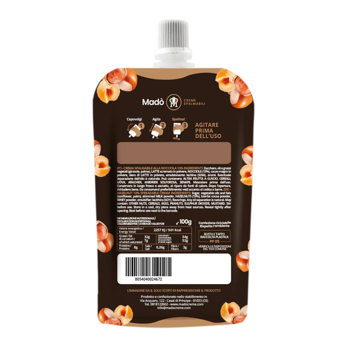 Mado Hazelnut Spreadable Cream, Squeeze Bag – 6oz | 170g | Product of Italy - Image 2
