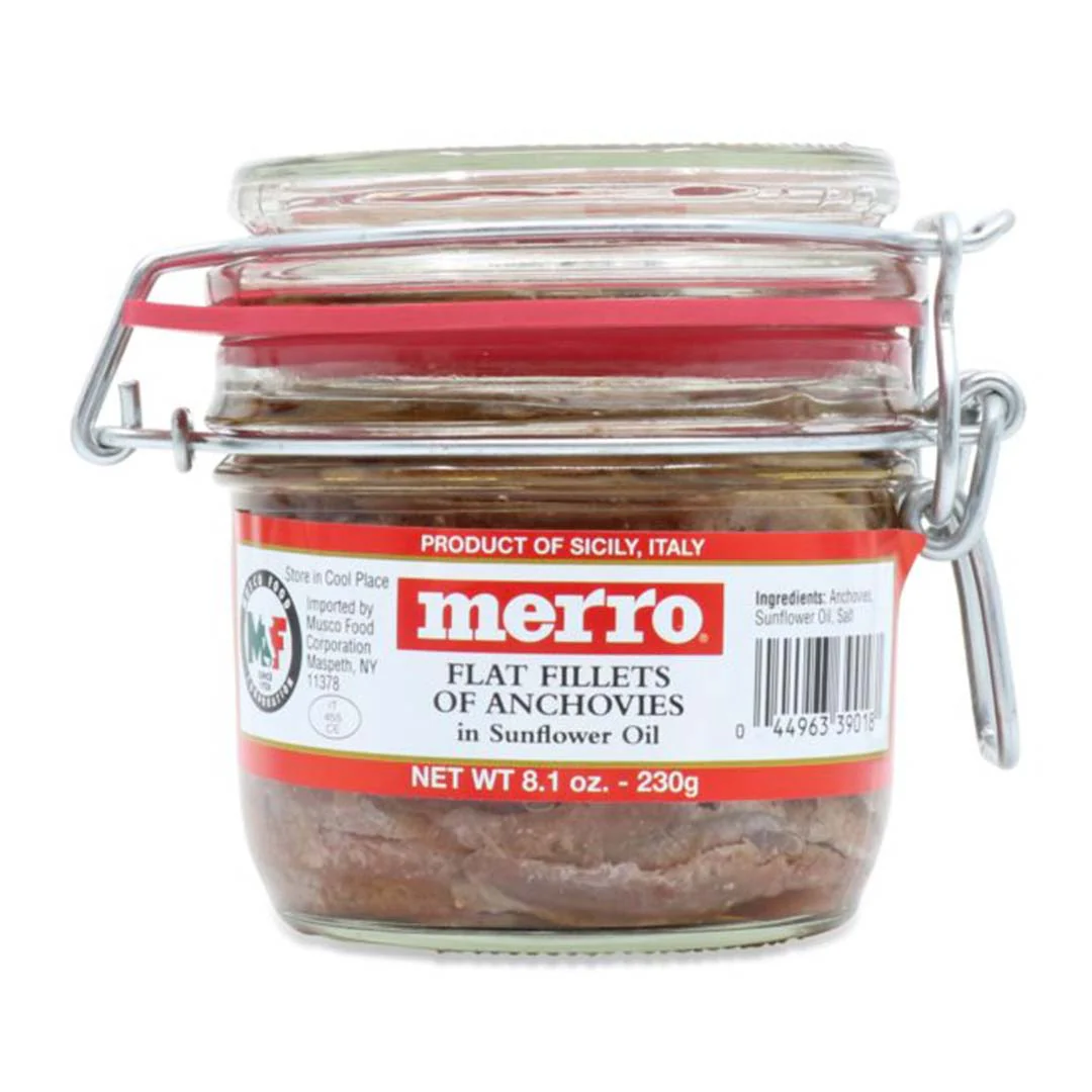 Merro Flat Fillets of Anchovies in sunflower oil, 8.1 oz