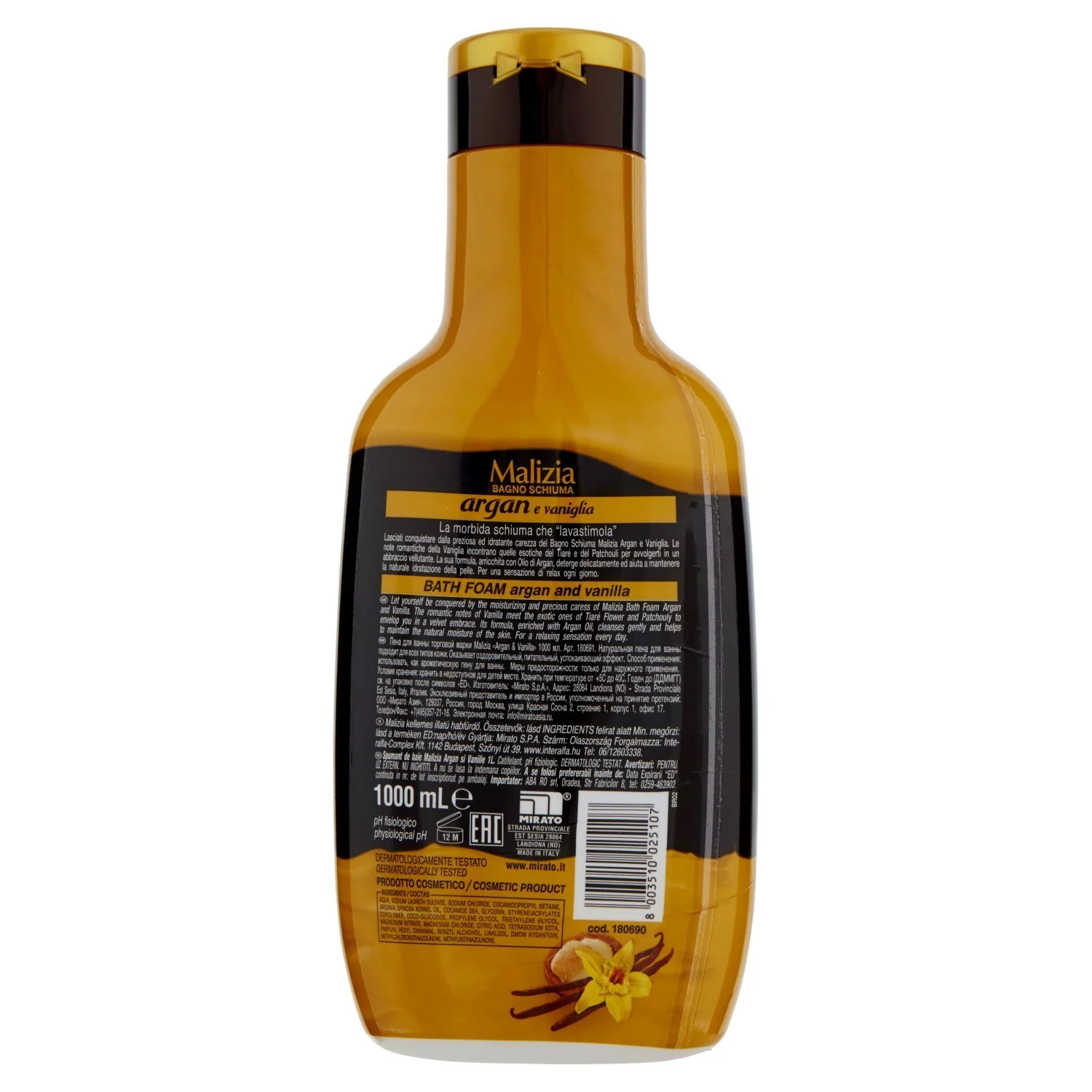 Mirato Malizia Bath Foam Argan and Vanilla, Argan e Vaniglia, 1000ml - Image 2