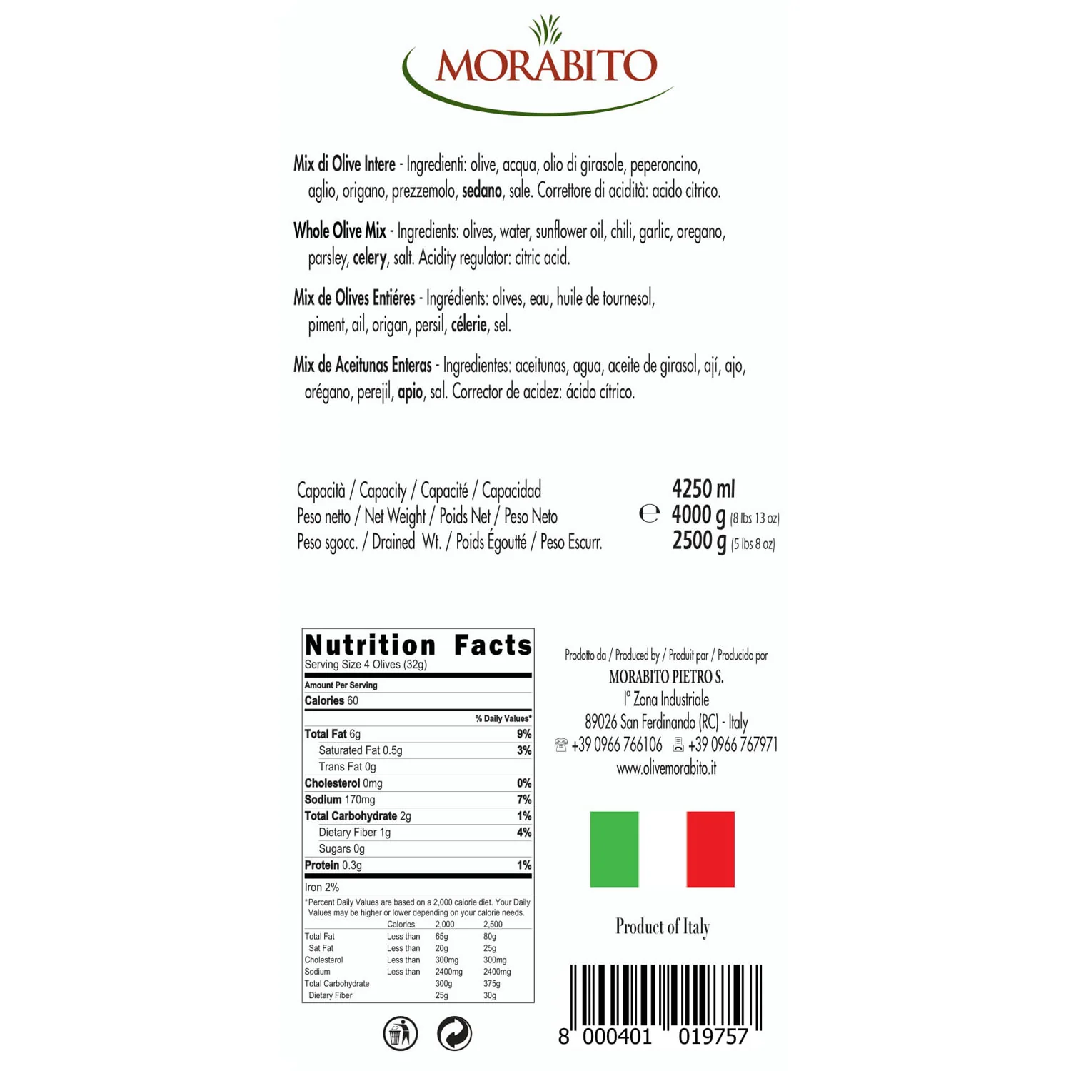 Morabito Whole Mix Olives, Mix di Olive Intere, 5 lb 8 oz | 2500g - Image 3