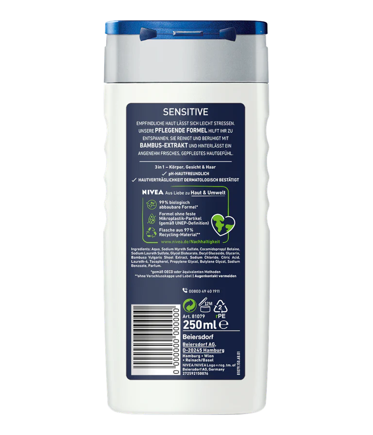 Nivea Men Shower Gel, Sensitive, Soothing & Bamboo Extract, 8.5 oz | 250ml - Image 2