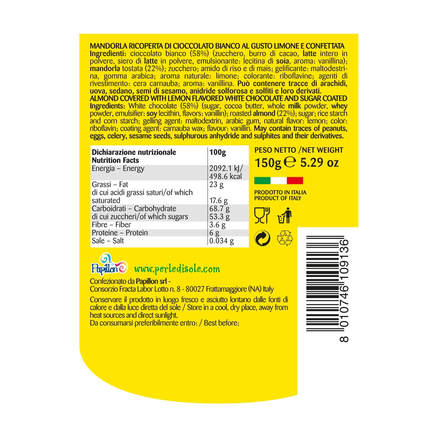 Perle di Sole Lemon Chocolate covered Almonds, 5.29 oz - Image 2