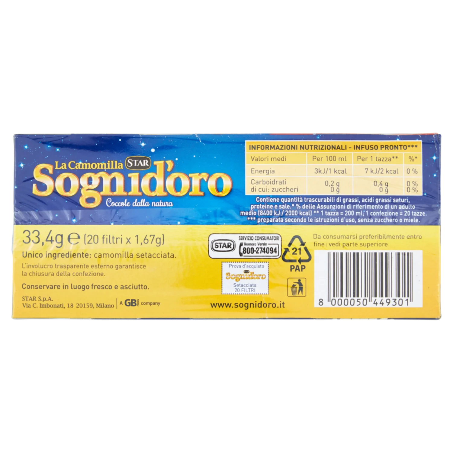 Sognidoro Chamomile Herbal Tea, 20 Bags, 1.7 oz | 33.4g - Image 3