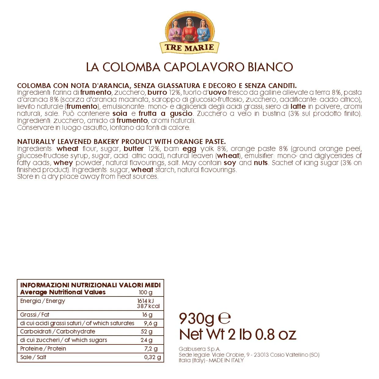 Tre Marie White Colomba Masterpiece, Capolavoro Bianco, 36.8 oz | 930g - Image 2
