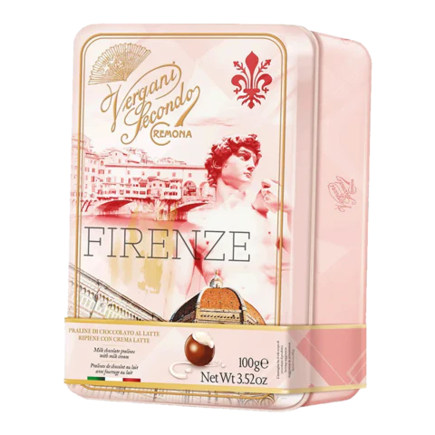 Vergani Firenze Tin, Milk Chocolate Pralines w/ Milk Cream,  3.52 oz | 100g
