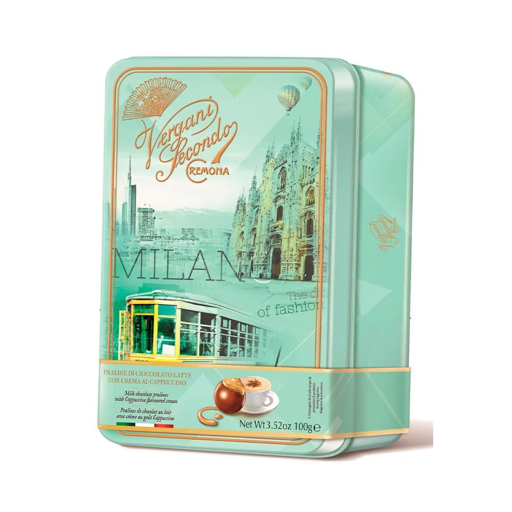 Vergani Milan Tin, Milk Chocolate Pralines w/ Cappuccino Cream,  3.52 oz | 100g