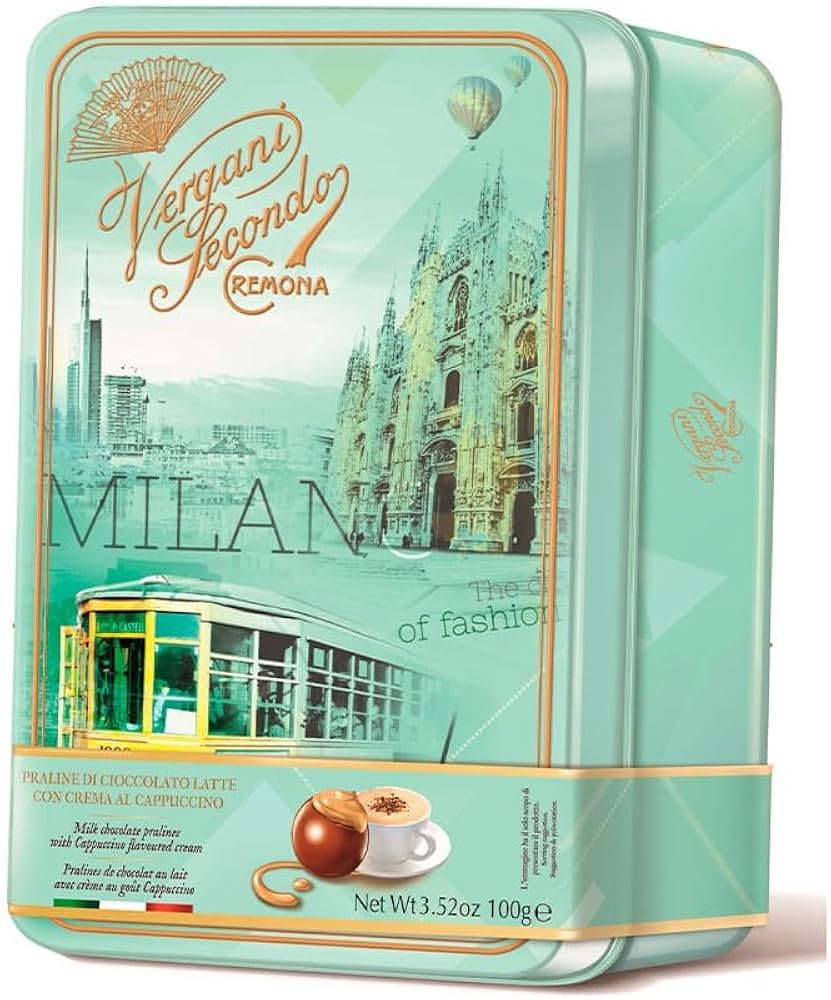 Vergani Milan Tin, Milk Chocolate Pralines w/ Cappuccino Cream,  3.52 oz | 100g - Image 2