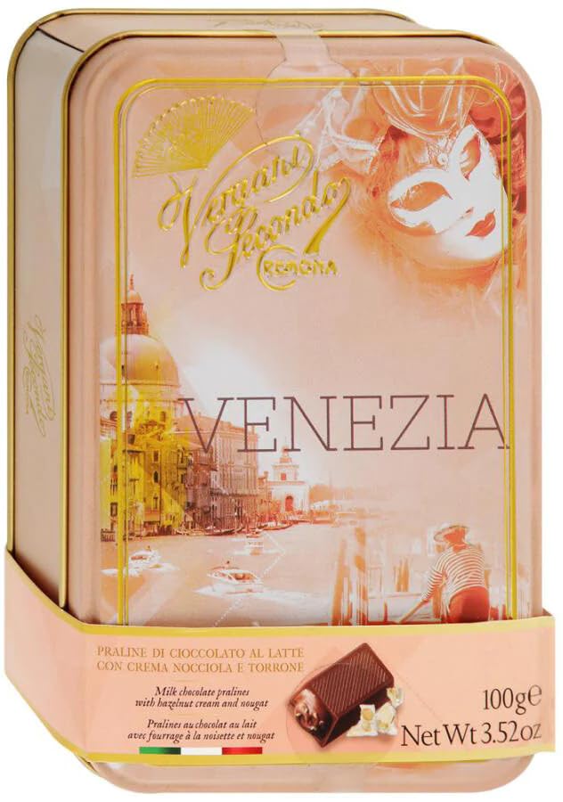 Vergani Venezia Tin, Milk Chocolate Pralines w/ Hazelnut & Nougat Cream,  3.52 oz | 100g - Image 2