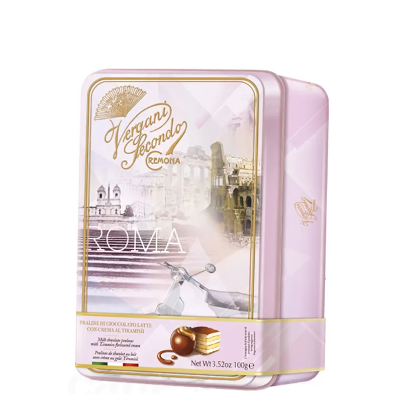 Vergani Roma Tin, Milk Chocolate Pralines w/ Tiramisu Cream, 3.52 oz | 100g